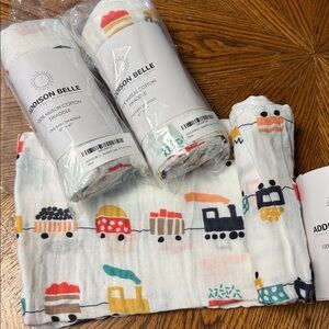 Addison Belle NWT BUNDLE OF 3 100% Muslin Cotton Swaddle 47x47 blanket Trains